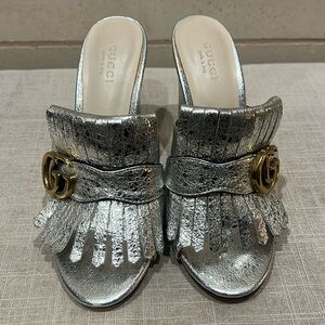 For Sale: Gucci Silver Metallic Marmont Fringe Mules (Size 37)